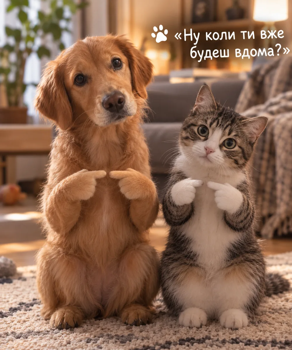 Пес і кіт сидять поруч і простягають лапки одне одному — «Ну коли ти вже будеш вдома?»